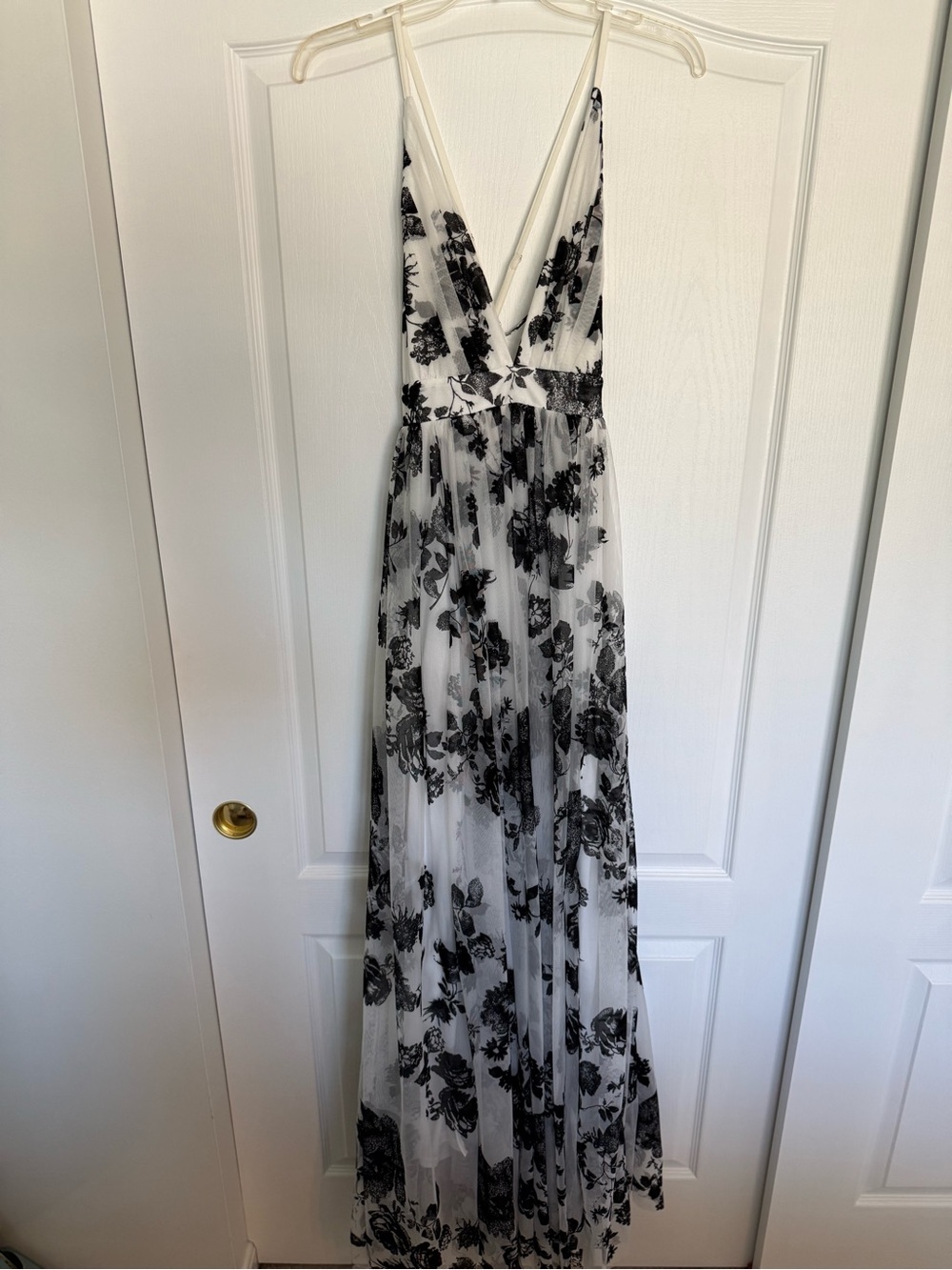 Pink Lily Black & White Floral V-Neck Maxi Dress with Spaghetti Straps